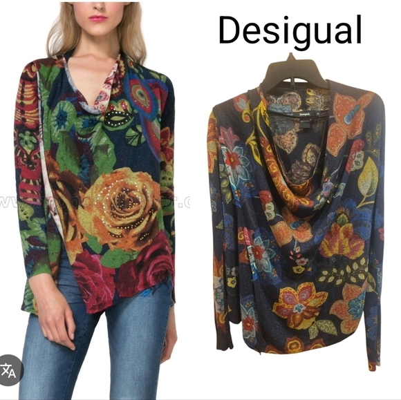 Desigual Sweaters - NWOT Desigual Multicolor Floral Cowl Neck Cardigan Sz S-M In Viscose